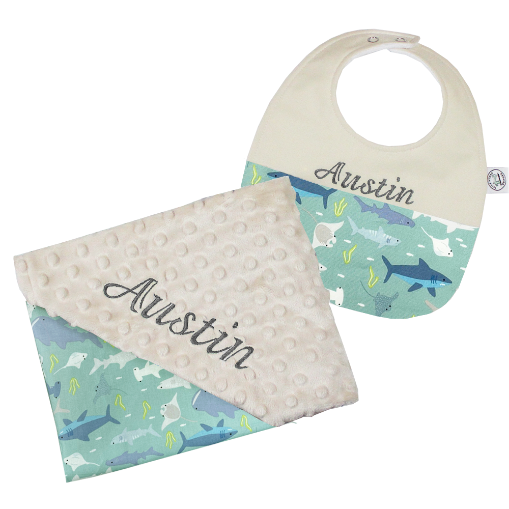 Sharky Personalised Blanket And Bib Baby Gift Set