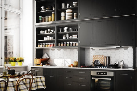 Open Shelving on Black Cabinets 