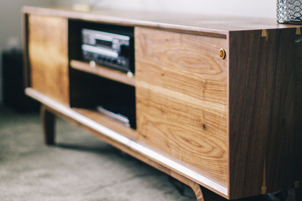 Handcrafted Walnut Wood Media Console Open Door Furniture