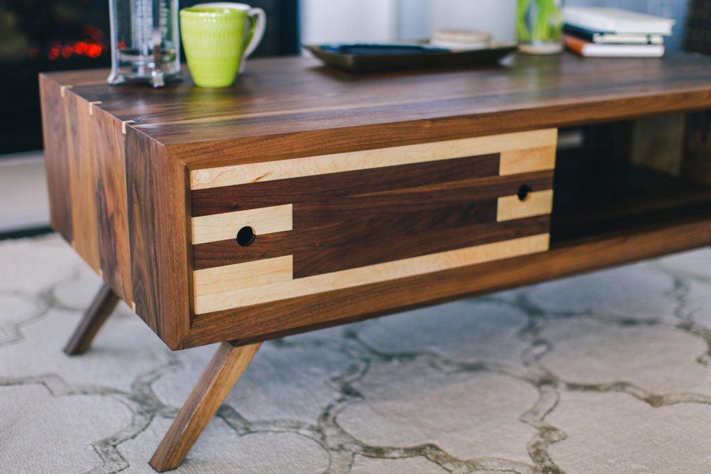 Mid Century Solid Walnut Wood Coffee Table Open Door Furniture