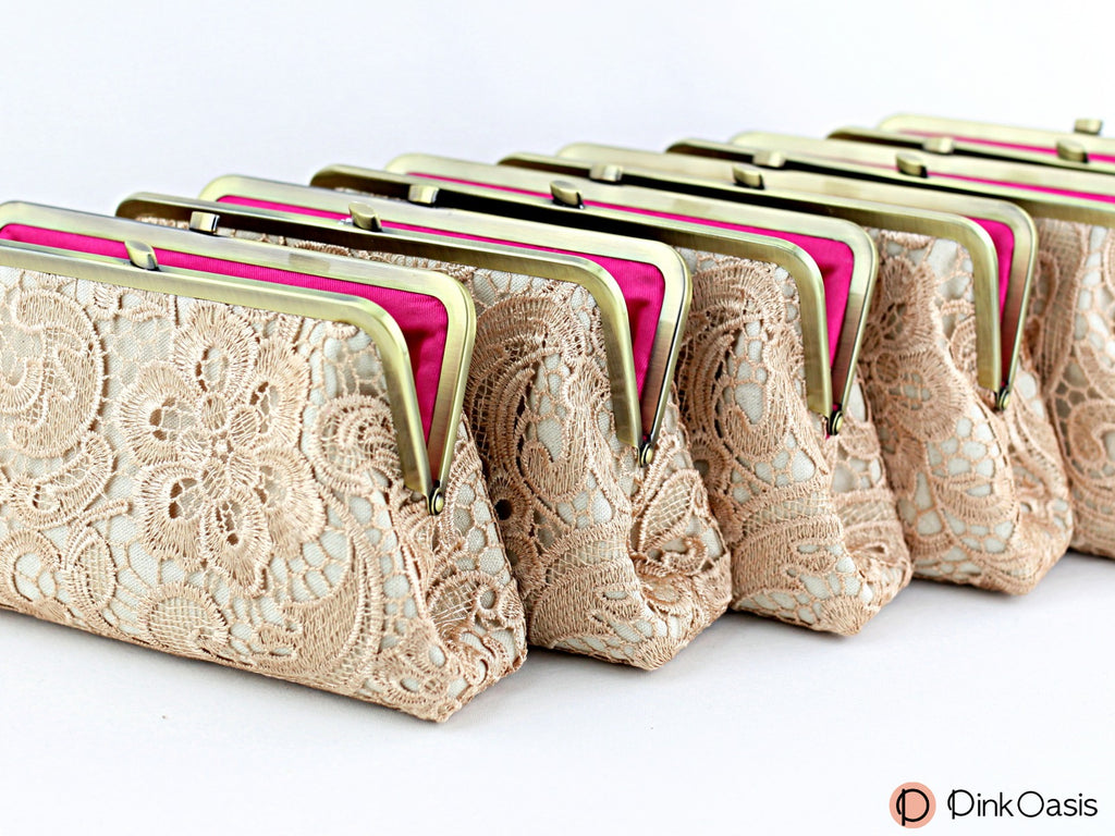 Rustic Stylish Champagne Lace Bridesmaids Clutches | PINKOASIS