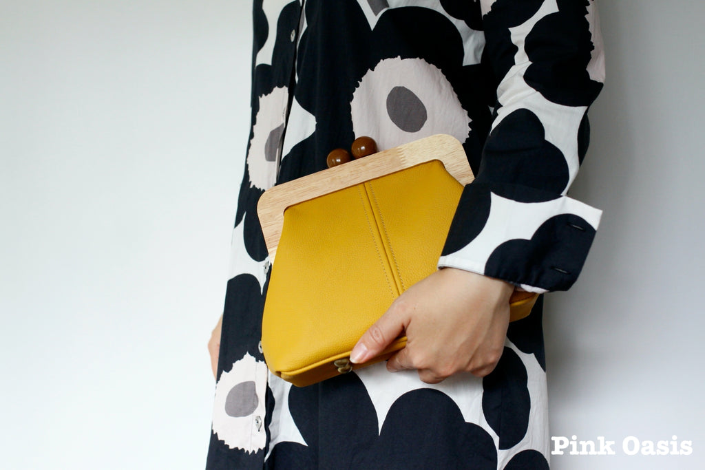 Mustard Leather Wood Frame Clutch | PINKOASIS