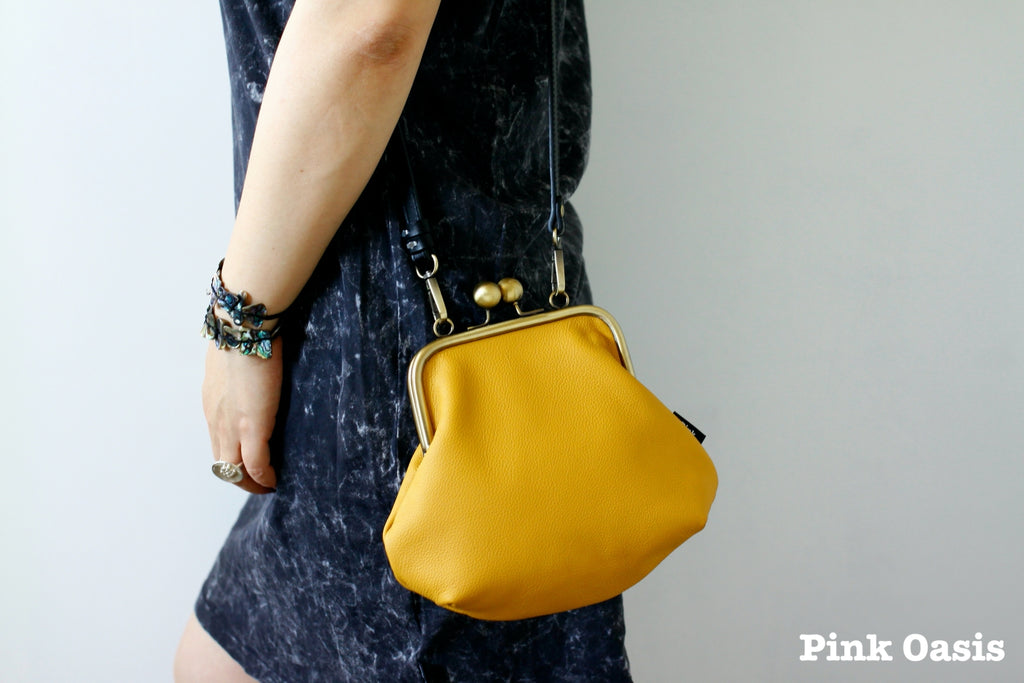 Mustard Leather Kisslock Bag with Strap | PINKOASIS