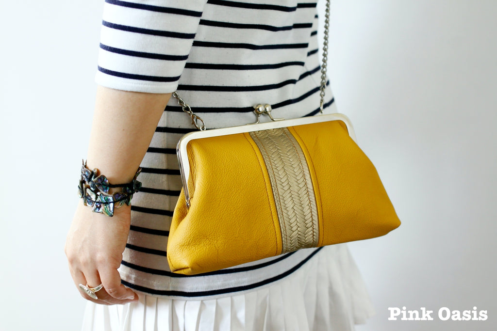 Handmade Mustard and Gold Leather Kisslock Clutch | PINKOASIS