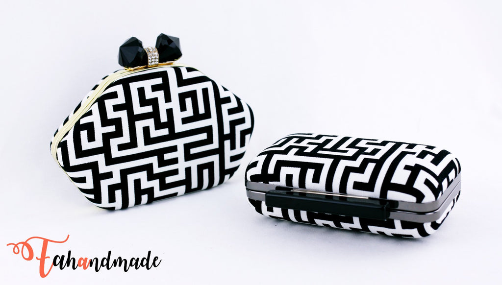 Black and White Maze Pattern Clamshell Minaudiere Clutch