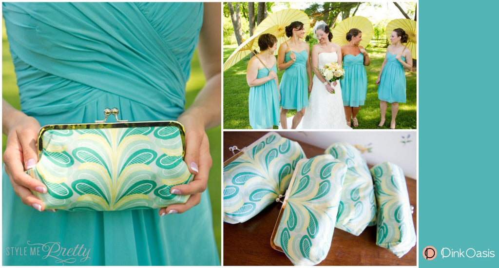 Teal and Yellow Leaf Patterned Briesmaids Clutches featured on StyleMePretty | PINKOASIS