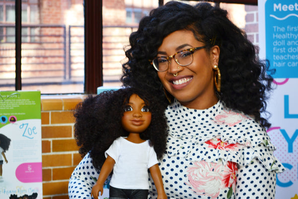 Yelitsa Jean-Charles with Black DOll Healthy Roots Doll Zoe
