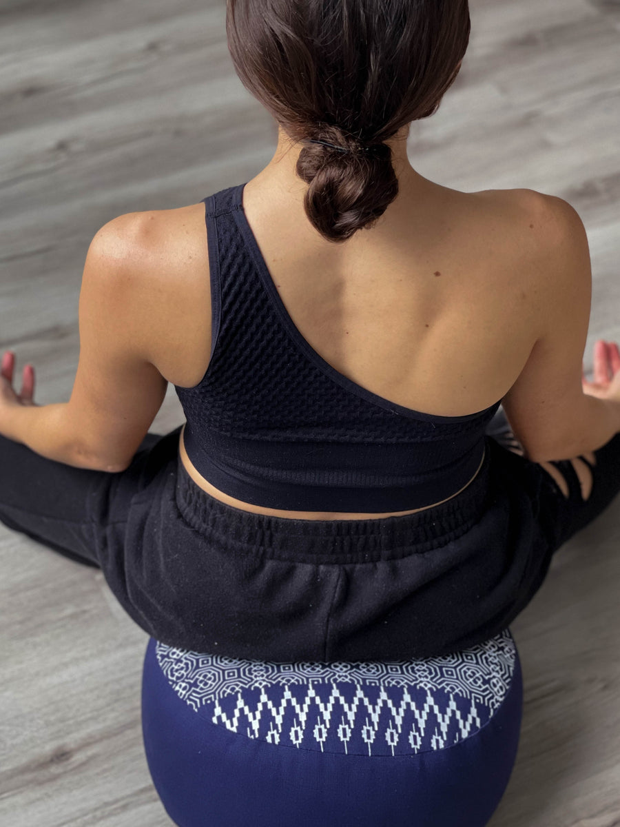 Round Natural Meditation Cushion | Navy Print