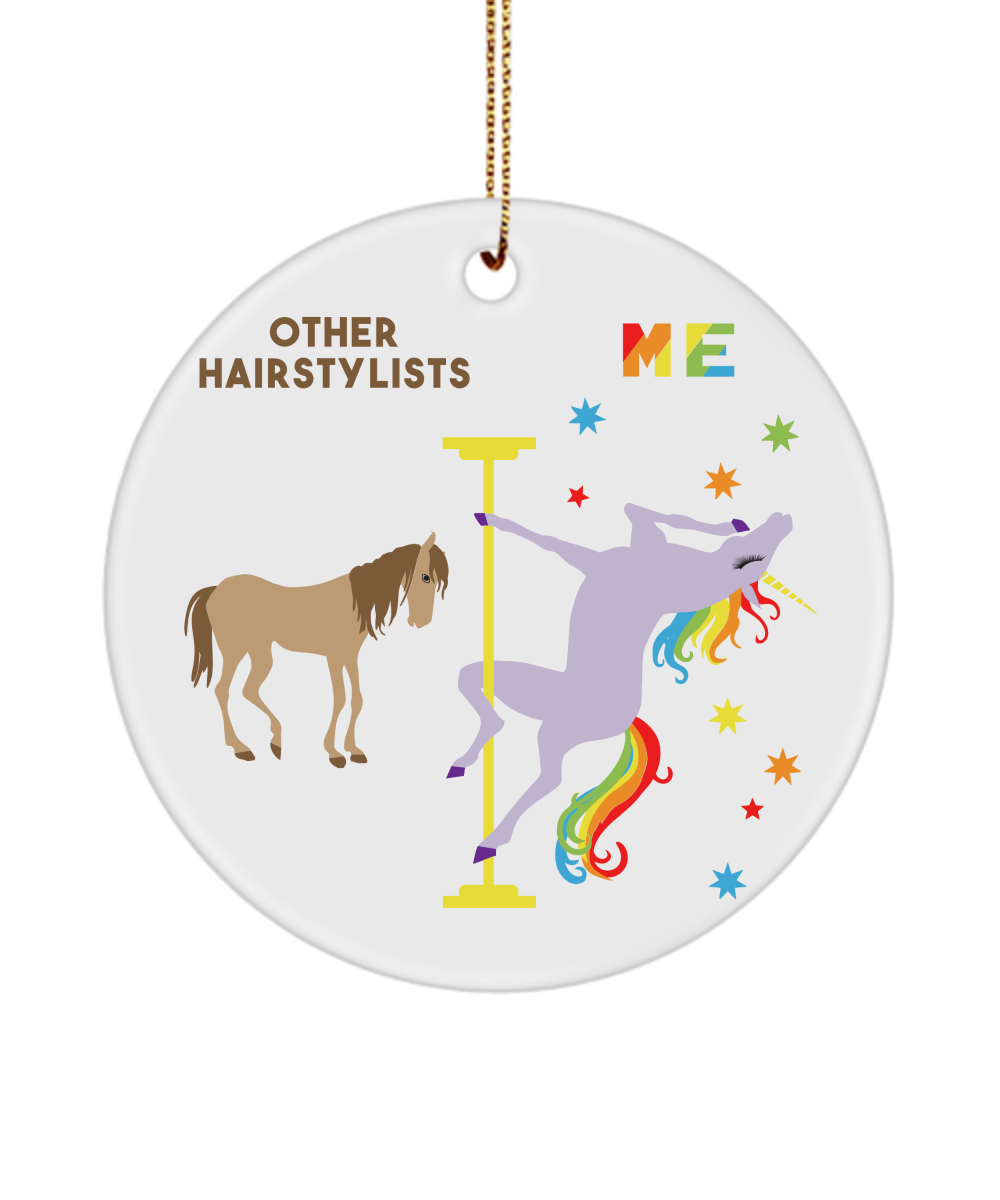 Gay Hairstylist Present Rainbow Unicorn Ceramic Christmas Tree Ornament