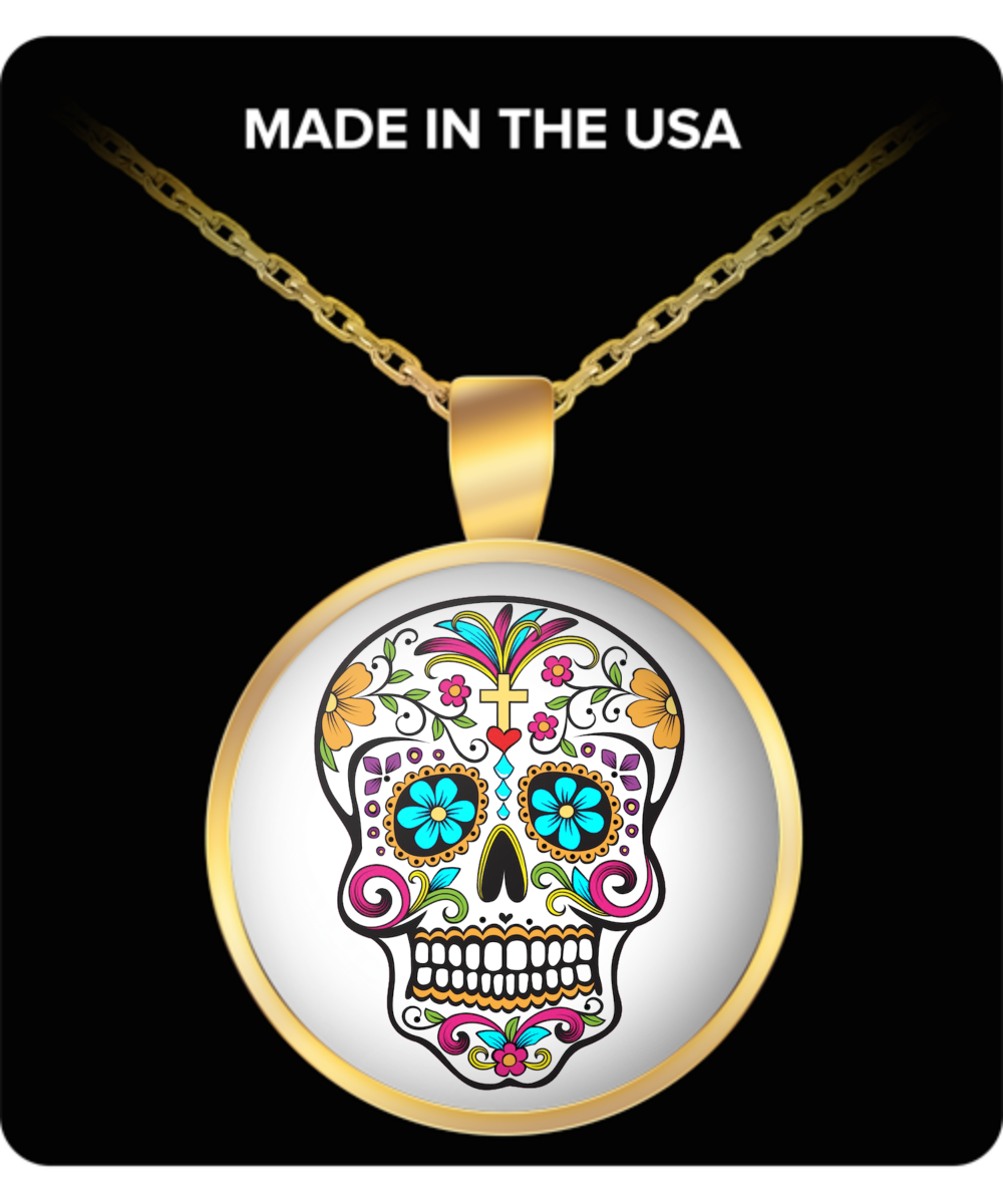 Day of the Dead Pendant Necklace Sugar Skull Mexican Folk Art Dia De Los Muertos