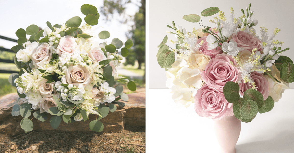 Wedding Bouquet next to paper replica