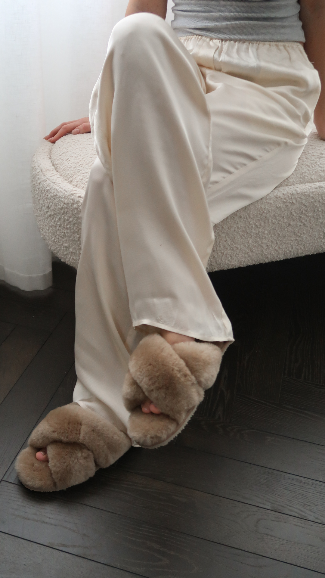 ATHENA SHEEPSKIN CROSSOVER SLIPPERS - CAMEL