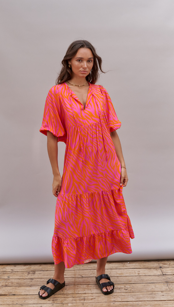 TEAGAN DRESS - PINK ORANGE PRINT