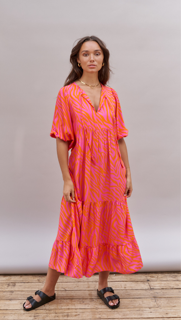 TEAGAN DRESS - PINK ORANGE PRINT