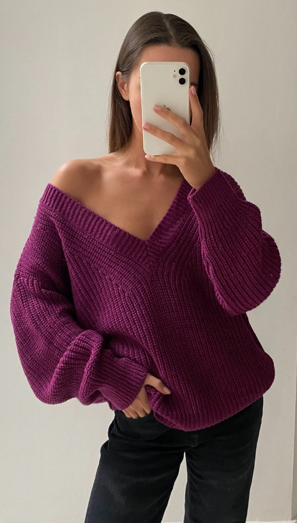 PETRA V-NECK SWEATER - MAGENTA