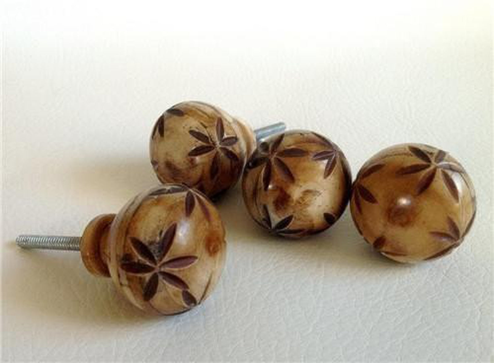 4 Rustic Carved Bone Knobs Dresser Drawer Pulls 1.5 Inch