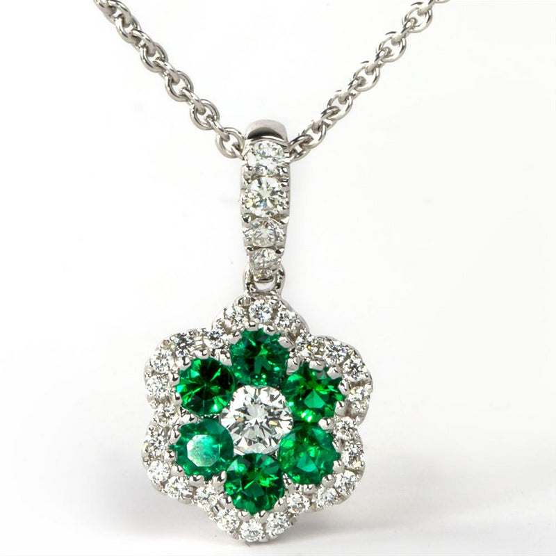 Emerald & Diamond Halo Flower Pendant Necklace 18K White Gold – NAGI