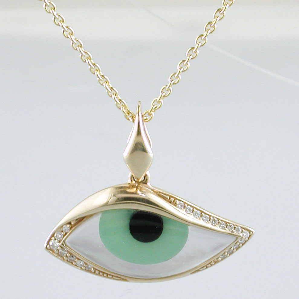 Kabana Kalo Mati 14k Yellow Gold Green Evil Eye Diamond Pendant NPCF47 ...