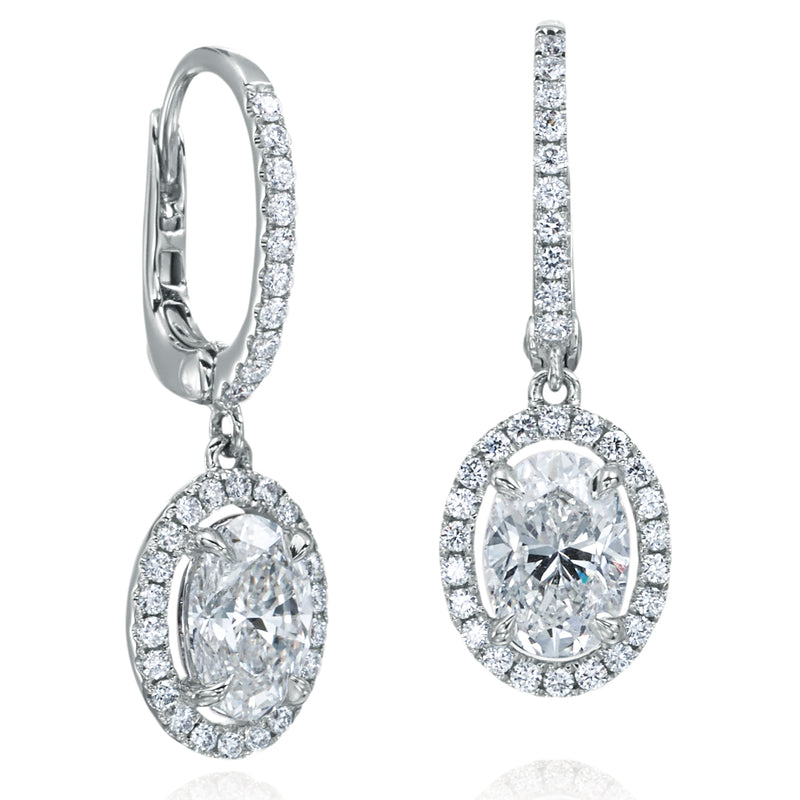 Oval Diamond Halo Drop Earrings 18K White Gold – NAGI