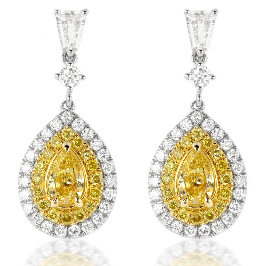 Fancy Yellow Pear Shaped Diamond & Bullet Diamond Dangle Earrings 18K ...