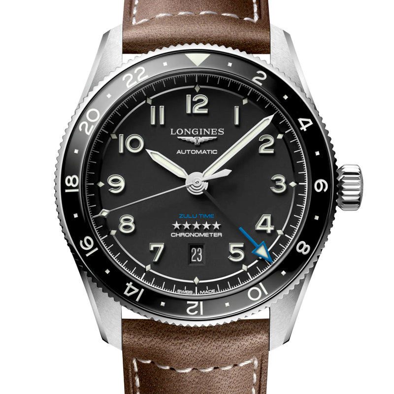 Longines Spirit 42MM Zulu Time GMT Black Leather Steel Watch L38124532 ...