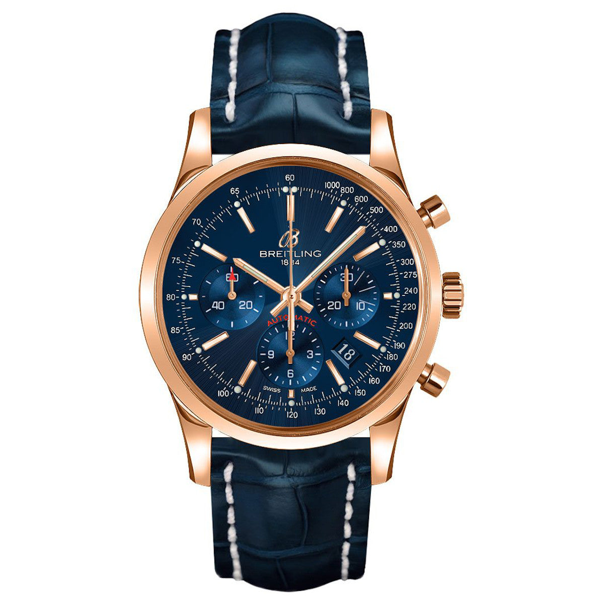 Pre-Owned Breitling Transocean Chronograph Blue Dial 18k Rose Gold Watch RB015212/C940