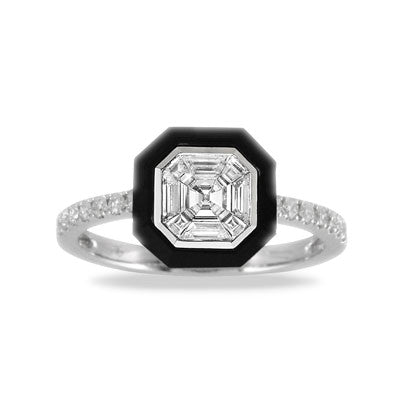 Doves 18k White Gold Invisible Set Diamond Ring With Black Onyx Nagi