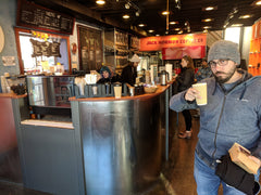 Mike savors a brew from one of our favorite coffee roasteries, Jack Mormon Coffee in Salt Lake City.