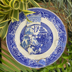 Blue Willow pattern with pottery shards