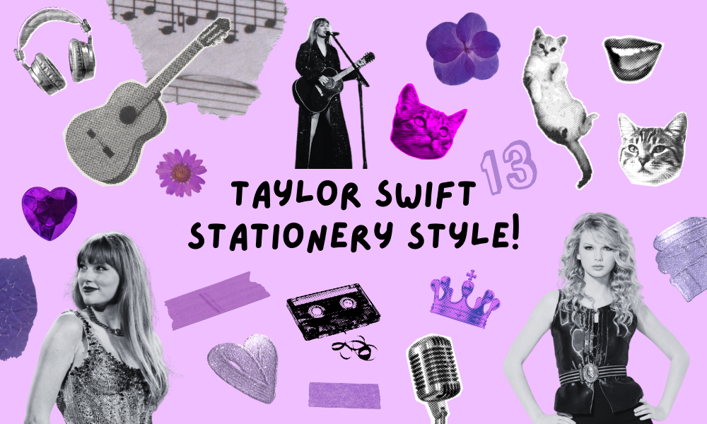 Taylor Swift Stationery Style - a collage with a purple background, images of taylor swift, cats, musical instruments and purple collage elements.
