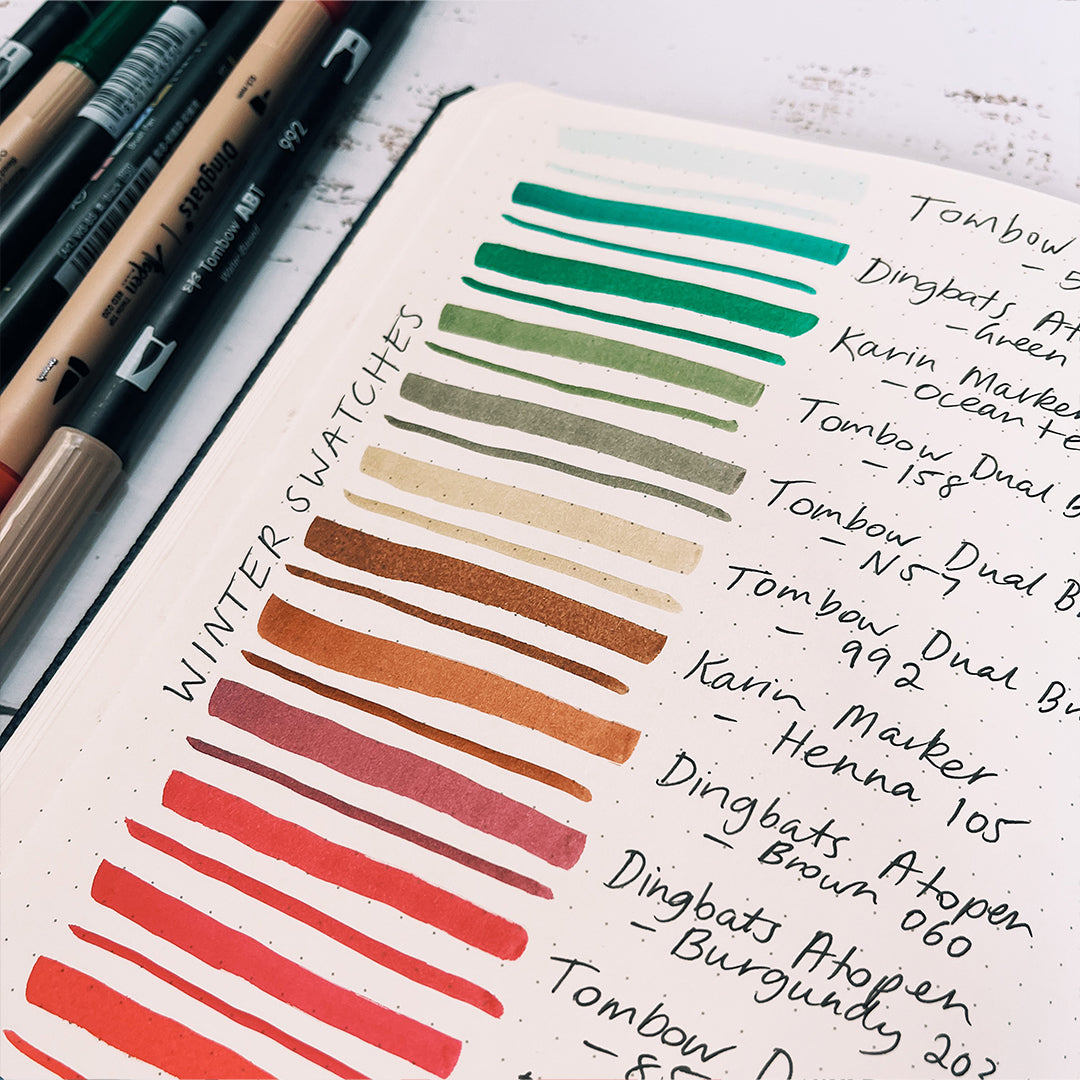 Christmas in July Bullet Journal Spread pen swatches