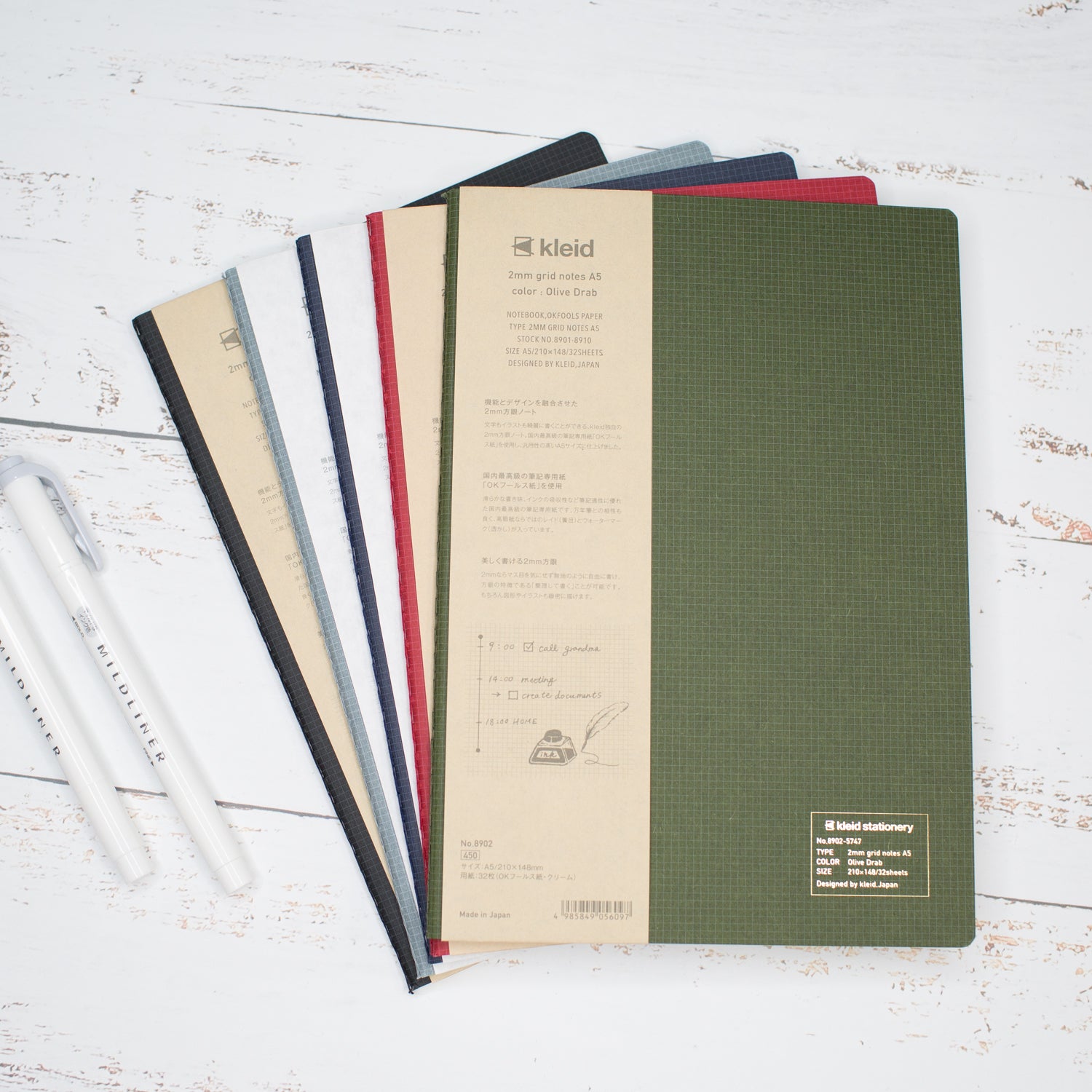 Kleid A5 2mm Grid Notes Notebook - Olive | WashiGang Australia