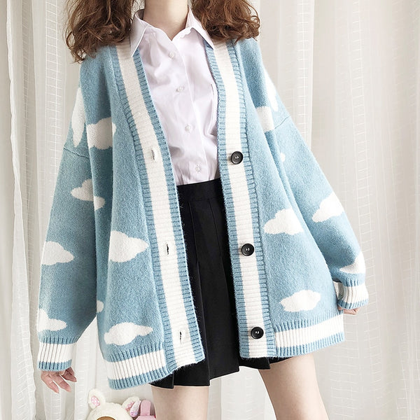 2019 Harajuku Lolita Cute Clouds Long Knitted Sweater College Japanese Mori Girl V-neck Loose Cardigan Sweater Coat Winter