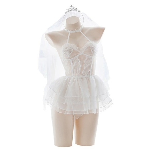 Angel Ballet Girl Lace See-through Underwear Set Sexy Lolita Cospaly Wedding Short Dress Set Mesh White Lingerie Set