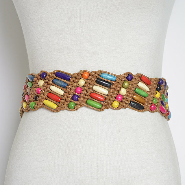 National Style Belts Hand-woven Belt Wooden Beads Weaving Knotted  Waist Chain Bohemia Female Ceinture Femme