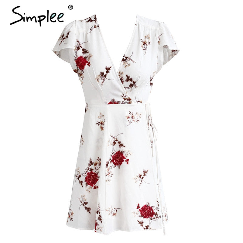 Simplee Elegant Floral Print Short Dress Women Boho V Neck