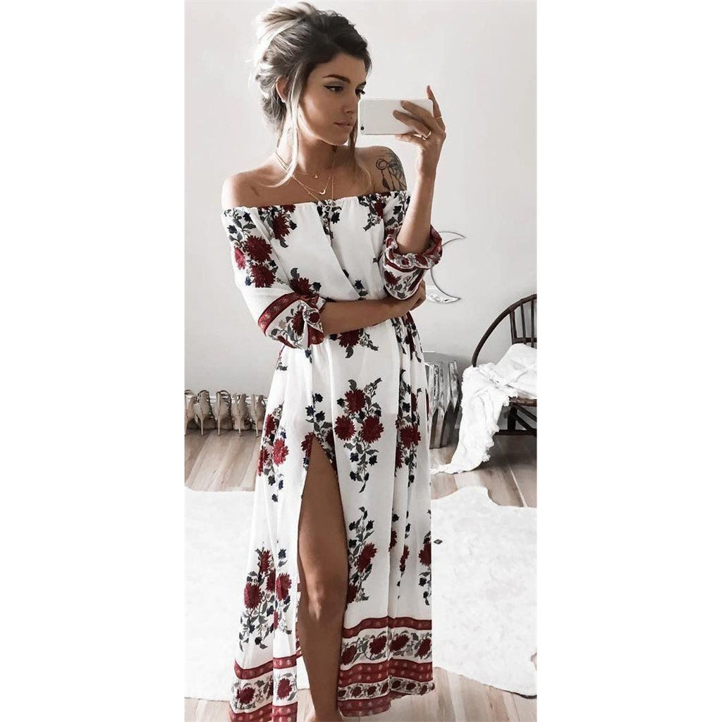 Women Vintage Floral Printed 2017 Spring Summer Boho Beach Dresses Off Shoulder Half Sleeve Split Dress Slash Neck Robe Femme