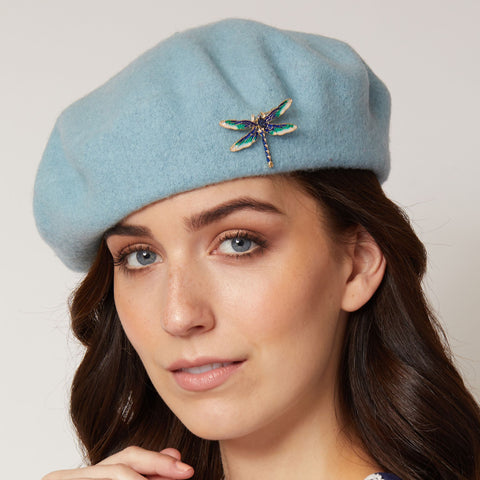 Blue-Beret-With-Enamel-Crystal-Dragonfly-Brooch