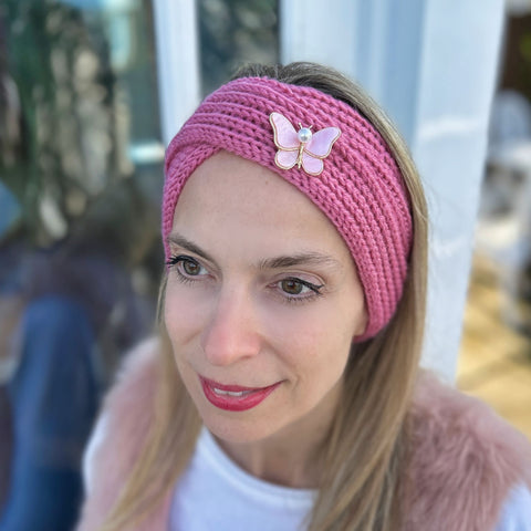 Pink-Twist-Winter-Headband-With-Butterfly-Brooch