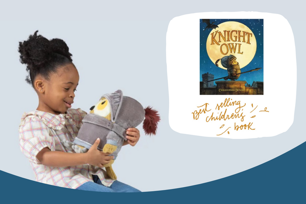 Knight Owl plush with child and book cover