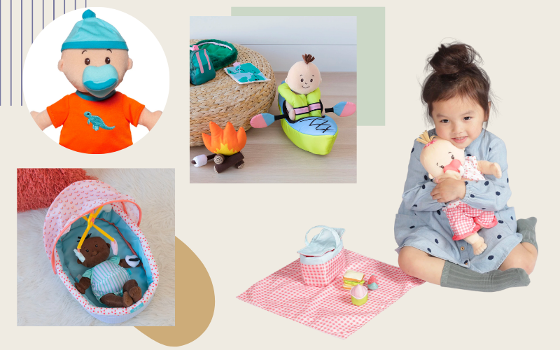 Compliation of Wee Baby and Baby Stella accessories and dolls along with a little girl playing with the Stella collection picnic set.
