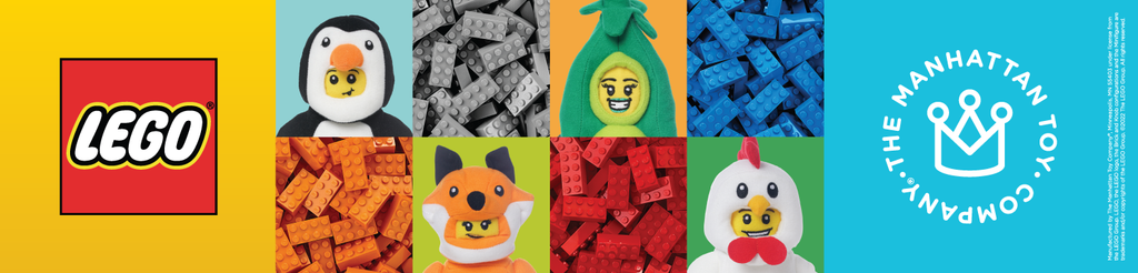 LEGO banner shows LEGO logo and Manhattan Toy logo with Minifigure plush.