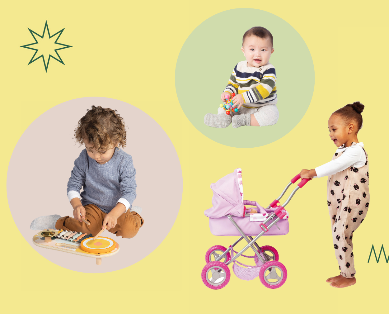 Toddler-age boy playing with Beats To Go musical toy, baby boy playing with Atom Teether toy and toddler-age girl strolling the Stella Collection Buggy all on a yellow background color with illustrated graphics.