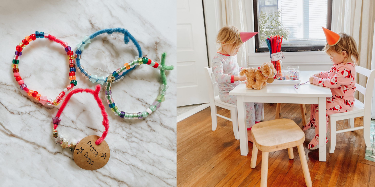 Design your own collar examples with kids sitting at table crafting a collar from pipe cleaners and beads. Photo credit to Lucky Andi.