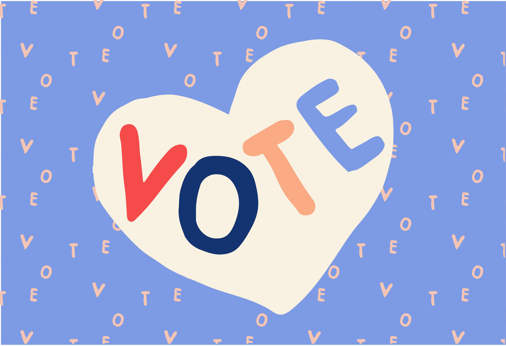 This vote heart graphic includes the word VOTE in bold colorful letters inside of a cream colored heart. The voting heart is surrounded by a blue colored background and the repeated us of the word vote.