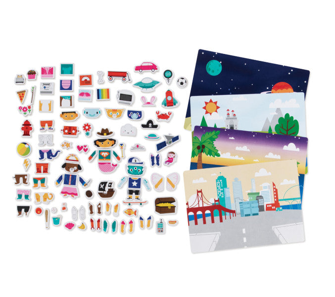 imagine i CAN™ Character Mix-Up Description: Create endless characters and creatures with this magnetic play set. Includes 101 magnetic pieces and 4 paper background scenes. Place a background scene on inside of tin, then place magnetic pieces on scene to create and play. Tin case with handle allows for easy storage and portability. 