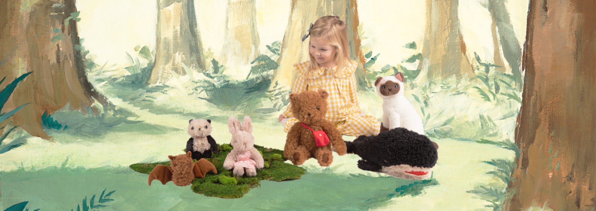 Emily Winfield Martin X Manhattan Toy storybook plush shown in a charming forest illustration.