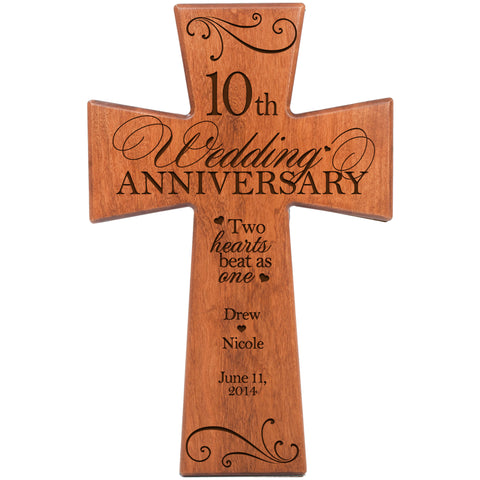 Personalized 10th Wedding Anniversary Cherry Wall Cross - Two Hearts