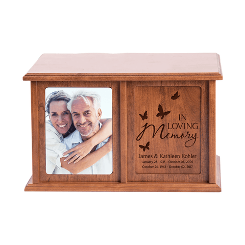 Personalized Extra Large Companion Urn Wooden Cremation Urn Box - In Loving Memory (Butterfly)