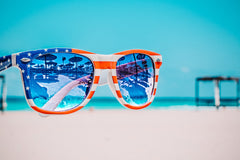 American Flag Sunglasses with Beach Background